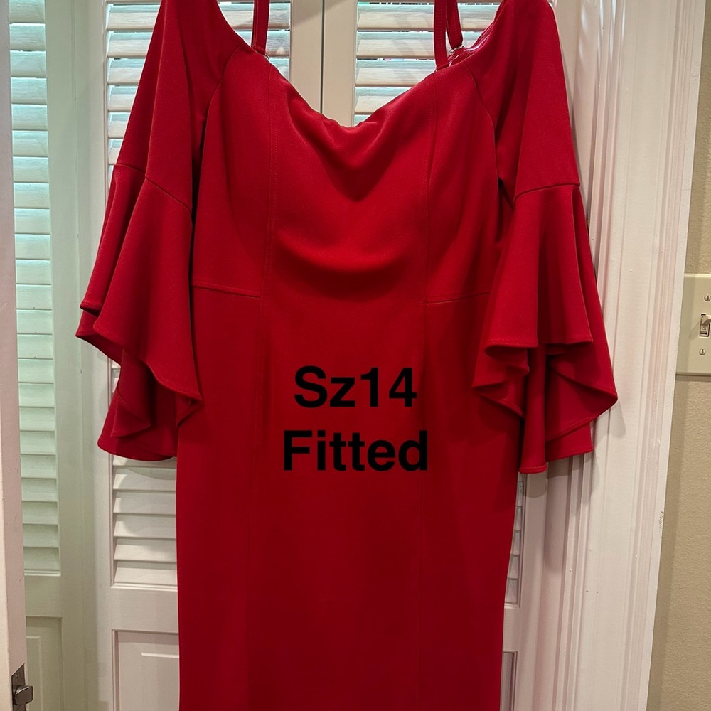 R&M Richards Red Sheath Dress with Flutter Sleeves and Cowl Neck